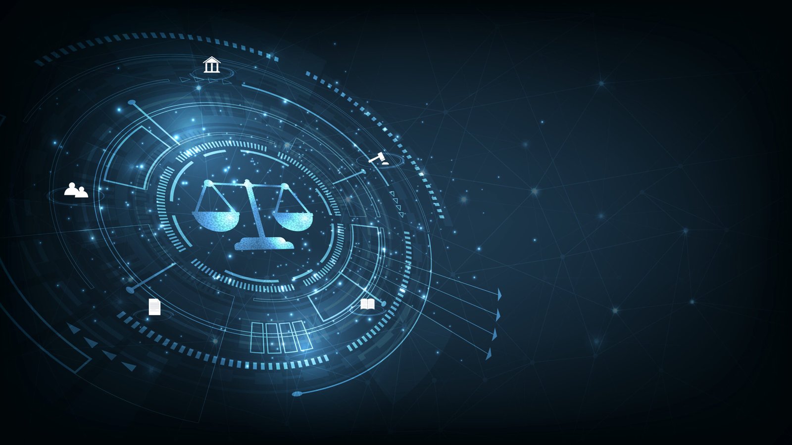 Futuristic digital law symbols with a glowing scale, reflecting the impact of advanced technology on personal injury law practices.