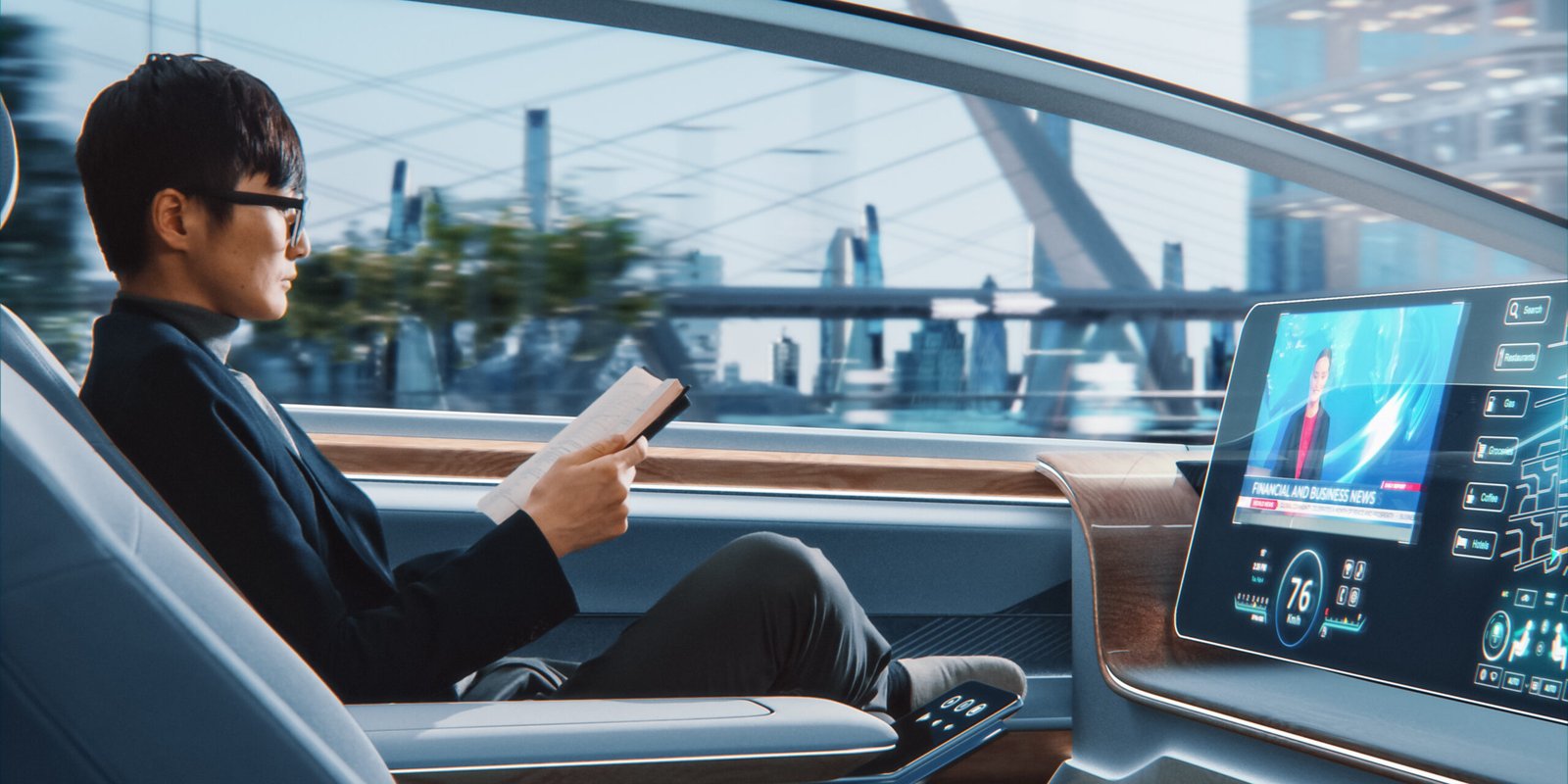 Self-Driving Car Accidents in the San Gabriel Valley: Who’s Liable When No One’s Driving? A person relaxes in a self-driving car, reading a book while the car drives itself through a modern city, showcasing autonomous vehicle technology.