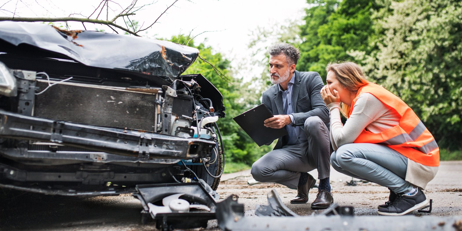 An insurance adjuster or personal injury attorney inspects a severely damaged car with a concerned woman in a safety vest. This image reflects the process of documenting damage and seeking legal help after a rideshare accident in Alhambra.