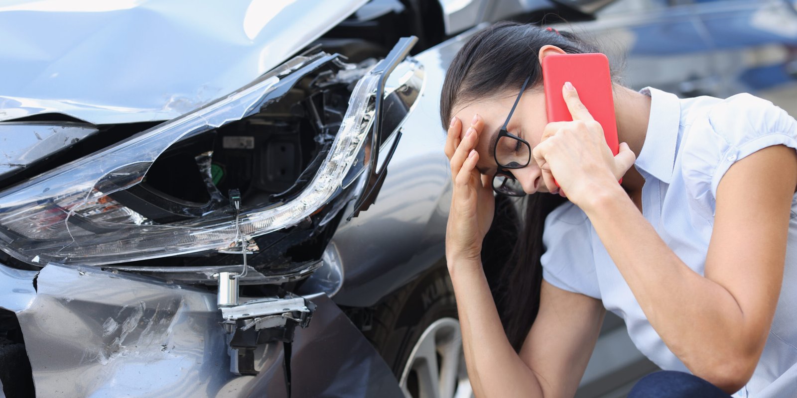 A distressed woman with glasses sits by her damaged car, holding her head and speaking on the phone after a car accident in California.
