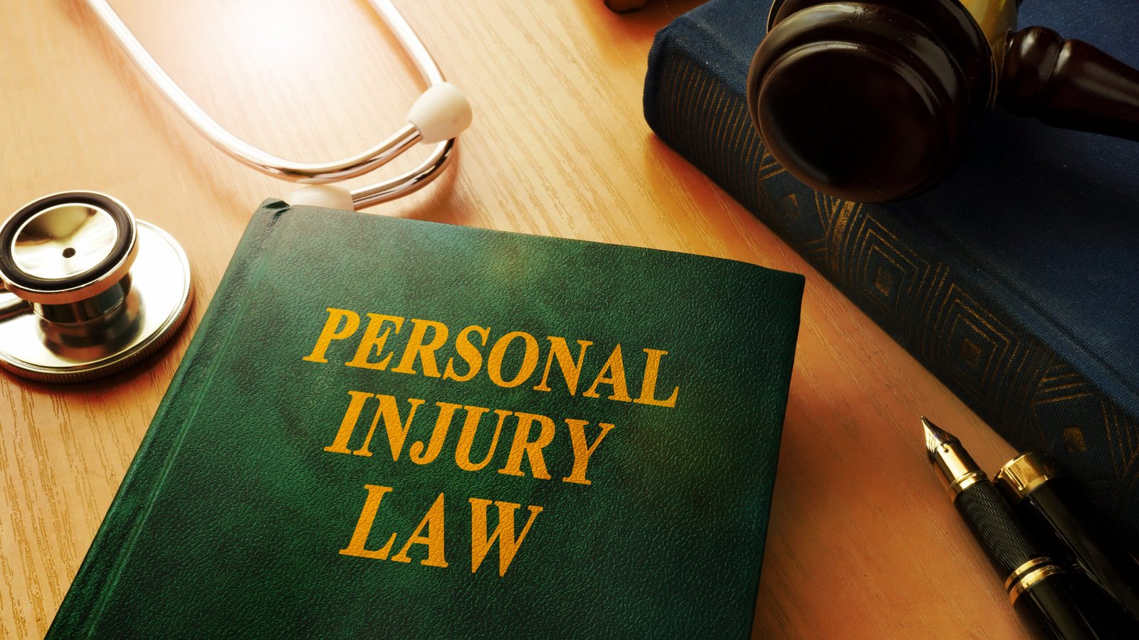Green hardcover book titled “Personal Injury Law” with a stethoscope and gavel, illustrating the process of navigating personal injury law.