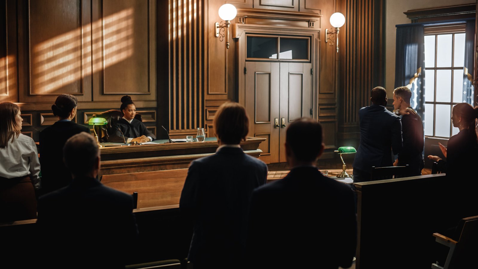 Courtroom scene with a judge presiding and people standing, illustrating how powerlifting focus and strategy help achieve victories in personal injury law cases.